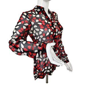 Diane Von Furstenberg 90s Sheer Silk Blouse Women 2 Red White on Black Long Slv